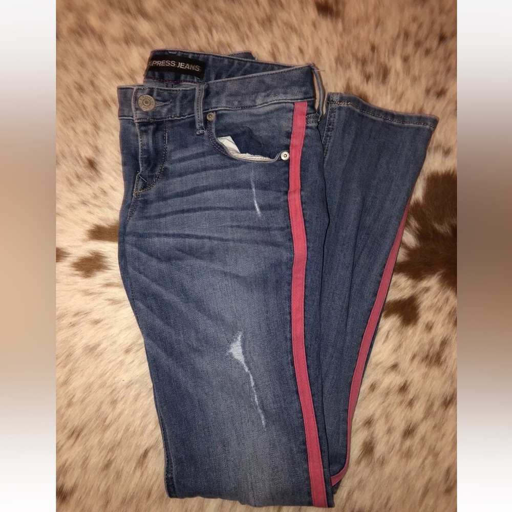 Express Womens Size 2R Ankle Legging Stella Low Rise Blue Jeans Pink Stripe